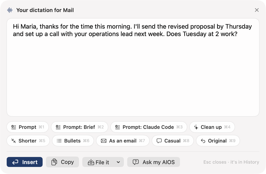 Murmur compose box with chips for Prompt, Clean up, Shorter, Bullets, As an email and Casual
