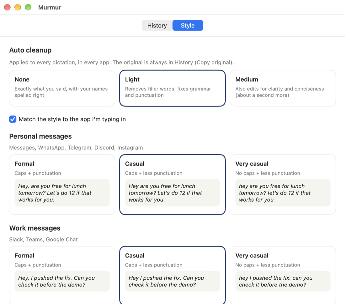 Murmur style settings: auto cleanup levels and tone per app